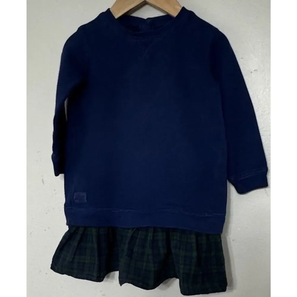 Ralph Lauren Baby Girls Navy Blue Plaid Green Long Sleeve Dress Size 18 months